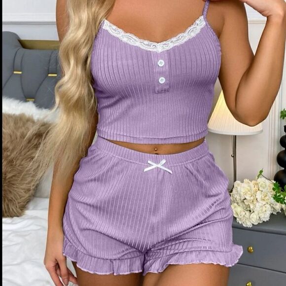 Contrast Lace Top and Shorts Pajama Sleepwear Set - Picture 6 of 9